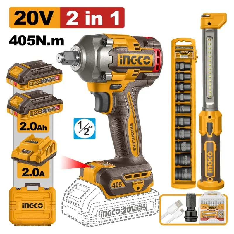 LLAVE IMPACTO 1/2 20V 405 Nm+ LINTERNA+ DADOS INGCO (COSLI23056)