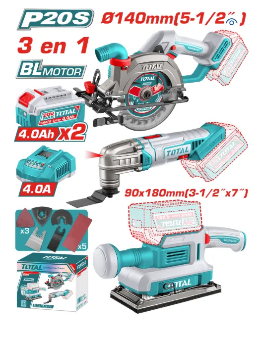 SET 3 EN 1 SIERRA + MULTIHERRAMIENTA + LIJADORA 20V 2X4.0AH + ACC TOTAL (TOSLI250781)