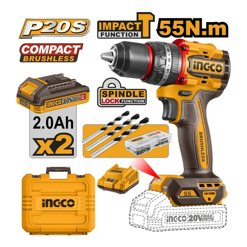 TALADRO INALAMBRICO 55 N.m 20V 2 BAT. 2.0Ah  INGCO (CIDLI20558)